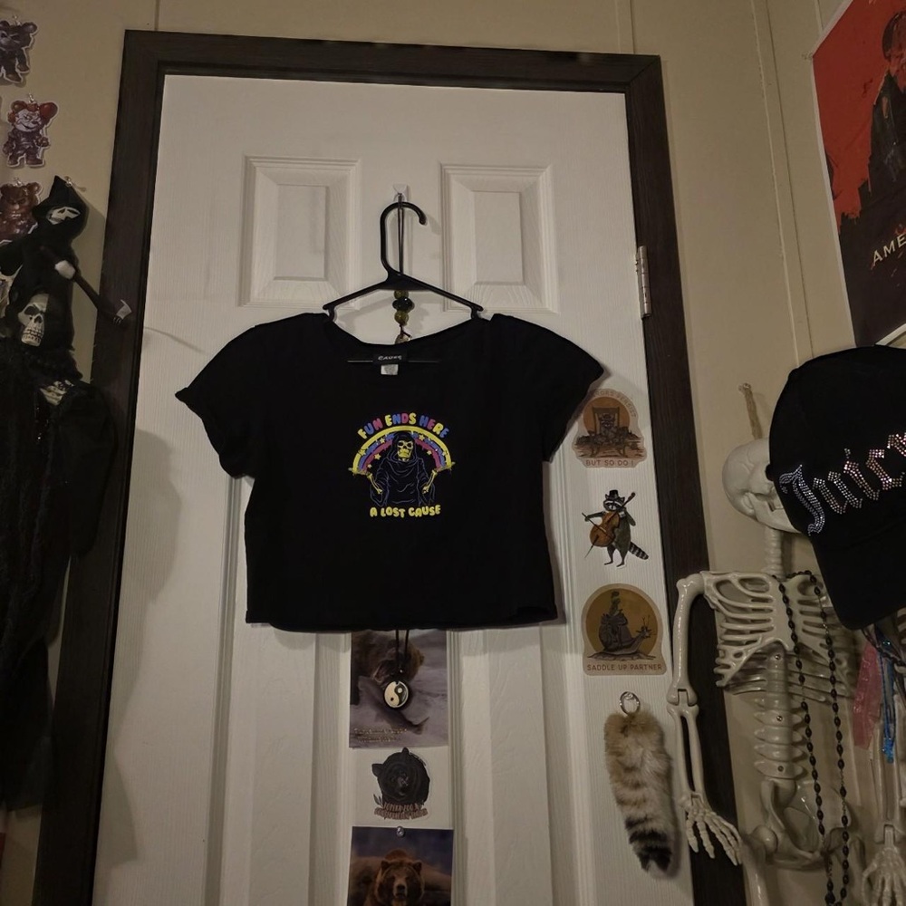Zumiez Black Crop Tee with Rainbow Skull Graphic